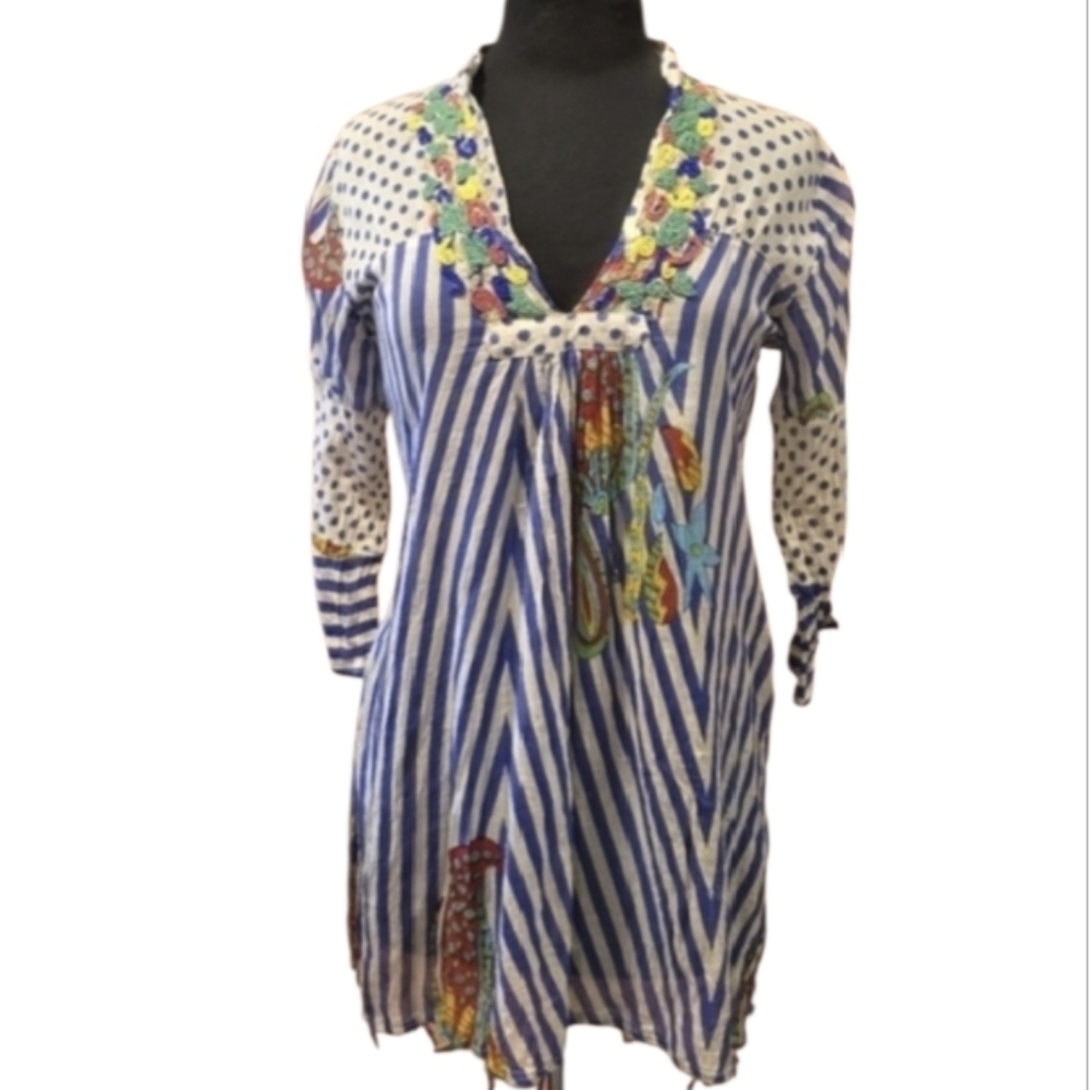 Positano By Jean Paul Small Blue & Cream Beaded Embellished V-Neck Tunic Top